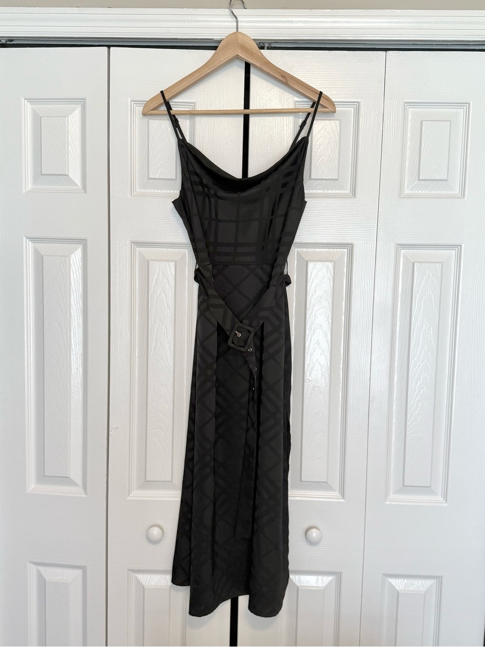 Nasty Gal Black Cowl Neck Belted Midi Dress with Subtle Plaid